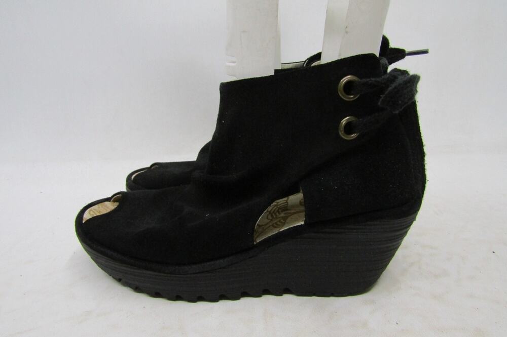 FLY LONDON Womens Size 39 EUR Black Suede Wedge Peep Toe Ankle Boots Bootie